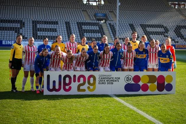 Football, Google Pixel Womens Bundesliga, 11 Matchday, 2025 2026, SC Freiburg vs Carl Zeiss Jena, 22 11 2025, Dreisamstadion, Freiburg, Banner, Germany Candidate for UEFA Women™s Euro 2029, Freiburg Dreisamstadion Baden Württemberg Germany Copyright: xFINLEYxMÖRCHx