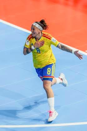 (251122) -- PASIG CITY, Nov. 22, 2025 -- Angely Camargo of Colombia celebrates after scoring a goal during the match between Colombia and Canada at the FIFA Futsal Women s World Cup 2025 in Pasig City, the Philippines, Nov. 22, 2025. ) (SP)PHILIPPINES-PASIG CITY-FUTSAL-WOMEN S WORLD CUP 2025-COLOMBIA VS CANADA RouellexUmali 