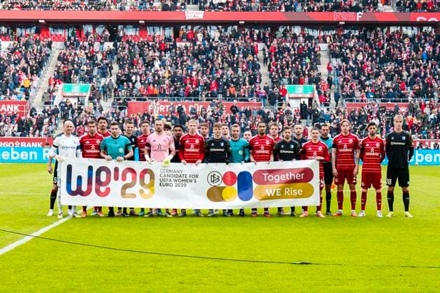 2 Fußball Bundesliga Fortuna Düsseldorf vs 1 FC Magdeburg, 22 11 2025 DUESSELDORF, GERMANY NOVEMBER 22 Joint action match day for UEFA Women s EURO 2029 bid during the Bundesliga match 2 Fußball Bundesliga Fortuna Düsseldorf vs 1 FC Magdeburg at the MERKUR SPIEL ARENA on match day 11 of 1 Bundesliga November 22, 2025 in Duesseldorf, Germany DFL REGULATIONS PROHIBIT ANY USE OF PHOTOGRAPHS AS IMAGE SEQUENCES AND OR QUASI VIDEO Copyright: xBEAUTIFULxSPORTS KennyxBeelex