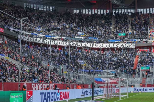 Soccer 2 Bundesliga 13 Matchday Fortuna Düsseldorf 1 FC Magdeburg on 22 11 2025 at Merkur Spiel Arena in Düsseldorf Fanblock Fans of Magdeburg boycott the first minutes of the match Banner with the inscription Vereine Farbe bekennen für eure Fans DFL regulations prohibit any use of photographs as image sequences and or quasi video xJRx