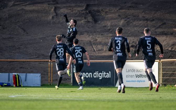 Soccer, Season 2025 2026, Regionalliga West, 22 11 2025, Matchday 16, Men, 1 FC Bocholt black vs FC Schalke 04 U23 white v l Jonas Carls 1 FC Bocholt , Marlon Frey 1 FC Bocholt , Marvin Lorch 1 FC Bocholt , Julian Riedel 1 FC Bocholt , Dawyn Paul Donner 1 FC Bocholt , Bocholt Stadion am Huenting Nordrhein Westfalen Germany 251122_fb_1fc-bocholt_schalke-04_u23_46310