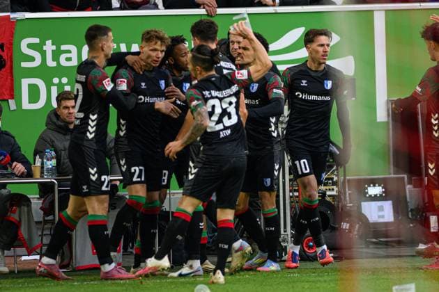 DUSSELDORF, GERMANY - 22 NOVEMBER, 2025: Baris Atik, Noah Pesch, Mateusz Zukowski - Football match Bundesliga 2 Fortuna Duesseldorf - 1. FC Magdeburg at Merkur Spiel Arena.  Copyright: xVITALIIxKLIUIEVx