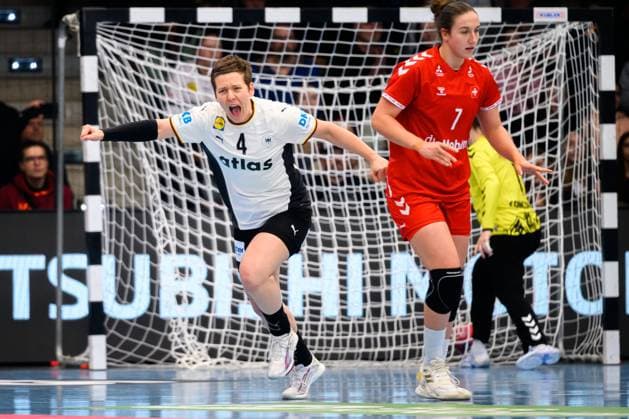 Handball, Women Laenderspiel Germany Switzerland Alina Grijseels Germany Cheers Joy Emotion Goal celebration Goalscorer, Tabea Schmid Switzerland Goeppeingen EWS Arena Germany