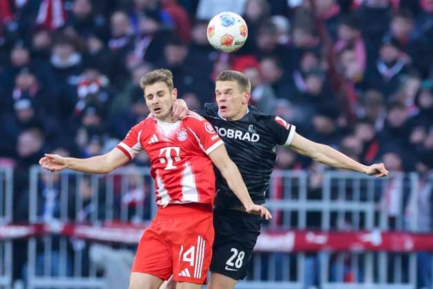 Josip Stanisic FC Bayern Muenchen and Matthias Ginter SC Freiburg battle for the ball, Bundesliga, FC Bayern München v Sport Club Freiburg, Allianz Arena on November 22, 2025 in Munich, Germany Photo by Marco Steinbrenner DeFodi Images Josip Stanisic FC Bayern Muenchen and Matthias Ginter SC Freiburg battle for the ball, Bundesliga, FC Bayern München v Sport Club Freiburg, Allianz Arena, November 22, 2025 in Munich, Germany Photo by Marco Steinbrenner DeFodi Images DFL regulations prohibit any use of photographs as image sequences and or quasi video