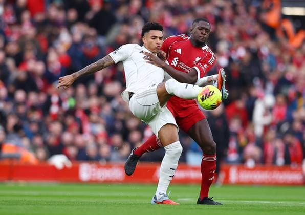 Igor Jesus of Nottingham Forest and Ibrahima Konate of Liverpool Liverpool v Nottingham Forest, Premier League, Football, Anfield, Liverpool, UK - 22 Nov 2025Liverpool Anfield United Kingdom EDITORIAL USE ONLY No use with unauthorised audio, video, data, fixture lists, club league logos or live services. Online in-match use limited to 120 images, no video emulation. No use in betting, games or single club league player publications. Copyright: xMattxWest Shutterstockx 15860648r