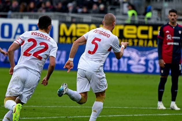 Genoa s Leo Skiri Ostigard celebrates after scoring the goal for 1-2 during the Serie A soccer match between Cagliari Calcio and Genoa at the Unipol Domus in Cagliari, Sardinia - Saturday, 22 november 2025. - Soccer  Copyright: xGianlucaxZuddas LaPressex