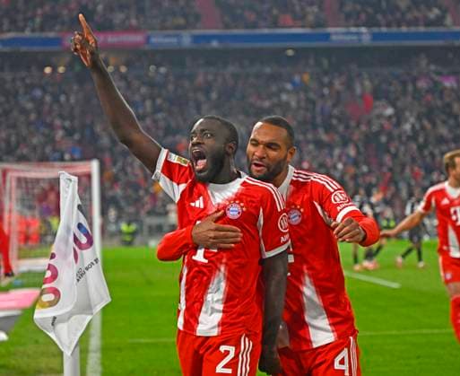 22 11 2025, Soccer Bundesliga 2025 2026, Matchday 11, FC Bayern Munich SC Freiburg, in the Allianz Arena Munich, Goal celebration v l Dayot Upamecano FC Bayern Munich and Jonathan Tah FC Bayern Munich DFL and DFB regulations prohibit any use of photographs as image sequences and or quasi video