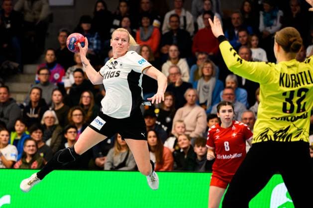 Handball, womens national match Germany Switzerland from left Antje Döll Doell Germany , Seraina Kuratli Switzerland Goeppeingen EWS Arena Germany