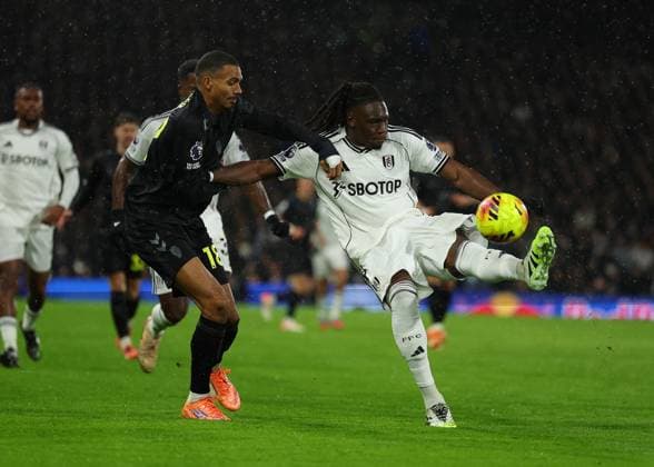 22nd November 2025; Craven Cottage, Fulham, London, England; Premier League Football, Fulham versus Sunderland; Calvin Bassey of Fulham challenged by Wilson Isidor of Sunderland  JohnxPatrickxFletcher