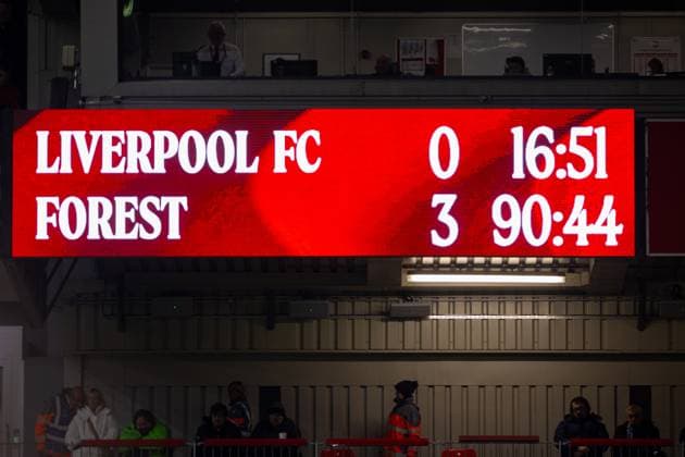 Football - FA Premier League - Liverpool FC v Nottingham Forest FC LIVERPOOL, ENGLAND - Saturday, November 22, 2025: A scoreboard showing Liverpool losing their fifth game in their last eight fixtures during the FA Premier League match between Liverpool FC and Nottingham Forest FC at Anfield. (Photo by David Rawcliffe Propaganda) LIVERPOOL Anfield MERSEYSIDE ENGLAND  Copyright: xDavidxRawcliffex P2025-11-22-Liverpool_Nottingham_Forest-86