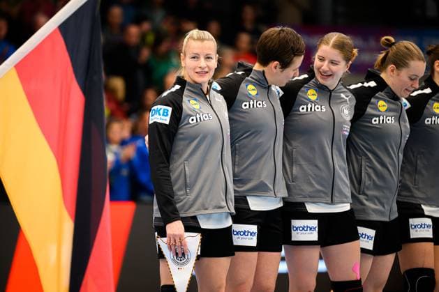 Handball, Women Laenderspiel Germany Switzerland Antje Döll Doell Germany , Alina Grijseels Germany , Nina Engel Germany during the anthem Goeppeingen EWS Arena Germany