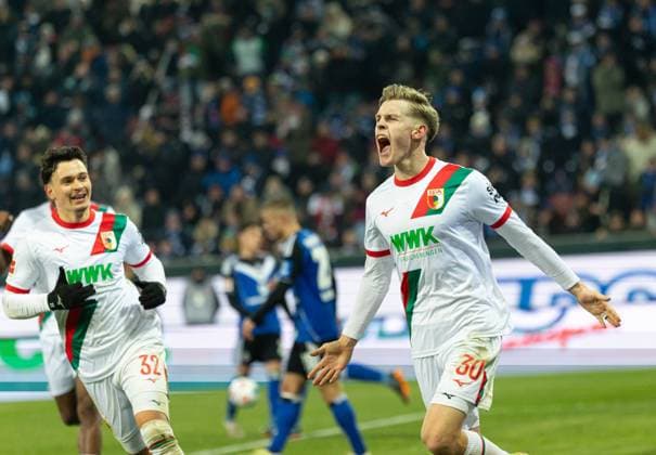 Anton Kade FC Augsburg 30 , Goal celebration, goal to 1 0, with Fabian Rieder FC Augsburg 32 FC Augsburg vs Hamburger SV, 11 Matchday DFL REGULATIONS PROHIBIT ANY USE OF PHOTOGRAPHS AS IMAGE SEQUENCES AND OR QUASI VIDEO