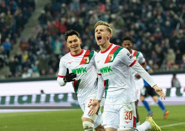 Anton Kade FC Augsburg 30 , Goal celebration, goal to 1 0, with Fabian Rieder FC Augsburg 32 FC Augsburg vs Hamburger SV, 11 Matchday DFL REGULATIONS PROHIBIT ANY USE OF PHOTOGRAPHS AS IMAGE SEQUENCES AND OR QUASI VIDEO