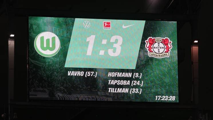 Scoreboard with final result 1 3 Football, Men, Season 2025 2026, 1 Liga, Bundesliga, Volkswagenarena, VfL Wolfsburg vs Bayer Leverkusen, 1 3 DFL REGULATIONS PROHIBIT ANY USE OF PHOTOGRAPHS AS IMAGE SEQUENCES AND OR QUASI VIDEO