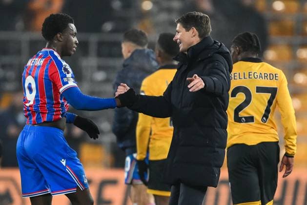 Wolverhampton, England, 22nd November 2025. Oliver Glasner Manager of Crystal Palace celebrates with Eddie Nketiah of Crystal Palace after the Wolverhampton Wanderers vs Crystal Palace Premier League match at Molineux, Wolverhampton. Picture credit should read: Craig Thomas Sportimage EDITORIAL USE ONLY. No use with unauthorised audio, video, data, fixture lists, club league logos or live services. Online in-match use limited to 120 images, no video emulation. No use in betting, games or single club league player publications. SPI-4302_WOLVES_V_CRYSTAL_PALACE-101 SPI-4302-0101
