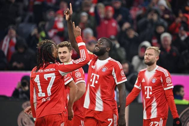 Goal celebration Dayot UPAMECANO Bayern Muenchen after scoring 3 2 with Michael OLISE Bayern Muenchen , Cheering,Joy,Enthusiasm,Action Football 1 Bundesliga Season 2025 2026, 11 Matchday, Matchday11 FC Bayern Muenchen SC Freiburg 6 2 on 22 11 2025 , A L L I A N Z A R E N A