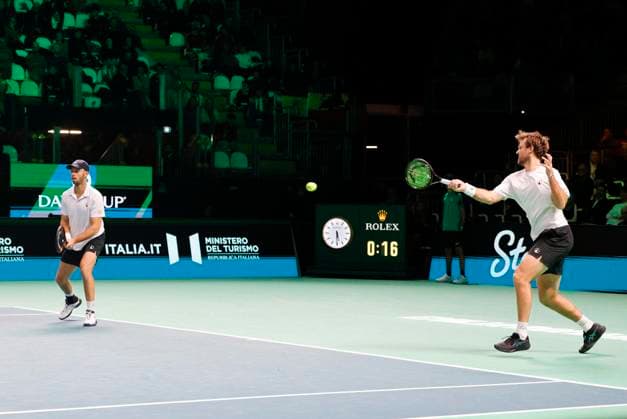 November 22, 2025, Bologna, ITALY: Germany tennis players Kevin Krawietz with Tim Puetz during double tennis match against Spain players Marcel Granollers with Pedro Martinez during Davis Cup 2025 Final 8 at Fiere Exhibition Centre in Bologna Italy, 22 November 2025. ANSA ELISABETTA BARACCHI. 2025 Davis Cup Final 8  - ZUMAa110 20251122_zaf_a110_046 Copyright: xElisabettaxBaracchix