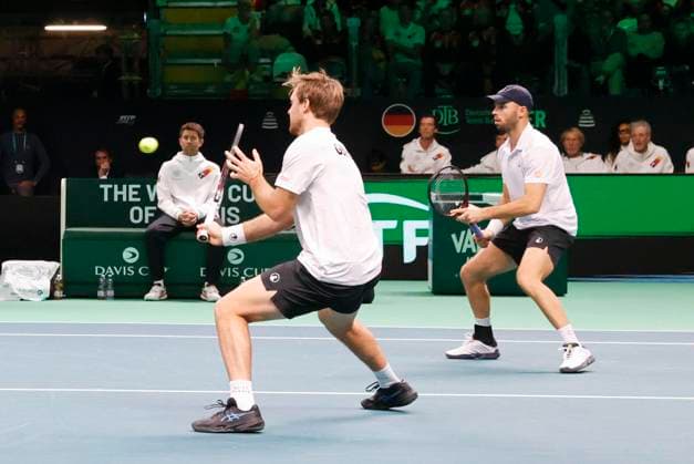 November 22, 2025, Bologna, ITALY: Germany tennis players Kevin Krawietz with Tim Puetz during double tennis match against Spain players Marcel Granollers with Pedro Martinez during Davis Cup 2025 Final 8 at Fiere Exhibition Centre in Bologna Italy, 22 November 2025. ANSA ELISABETTA BARACCHI. 2025 Davis Cup Final 8  - ZUMAa110 20251122_zaf_a110_047 Copyright: xElisabettaxBaracchix