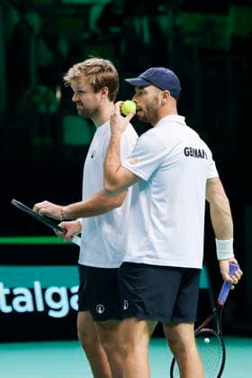 November 22, 2025, Bologna, ITALY: Germany tennis players Kevin Krawietz with Tim Puetz during double tennis match against Spain players Marcel Granollers with Pedro Martinez during Davis Cup 2025 Final 8 at Fiere Exhibition Centre in Bologna Italy, 22 November 2025. ANSA ELISABETTA BARACCHI. 2025 Davis Cup Final 8  - ZUMAa110 20251122_zaf_a110_049 Copyright: xElisabettaxBaracchix