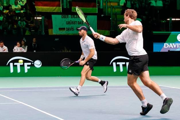 November 22, 2025, Bologna, ITALY: Germany tennis players Kevin Krawietz with Tim Puetz during double tennis match against Spain players Marcel Granollers with Pedro Martinez during Davis Cup 2025 Final 8 at Fiere Exhibition Centre in Bologna Italy, 22 November 2025. ANSA ELISABETTA BARACCHI. 2025 Davis Cup Final 8  - ZUMAa110 20251122_zaf_a110_059 Copyright: xElisabettaxBaracchix