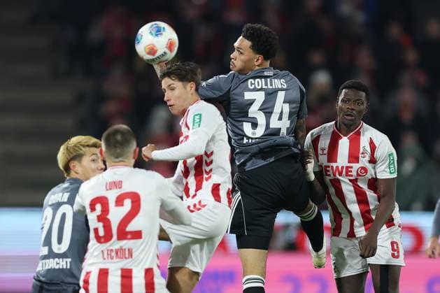 GER, 1 FBL, 1 FC Koeln vs Eintracht Frankfurt 22 11 2025, Rheinenergie Stadion, Koeln, GER, 1 FBL, 1 FC Koeln vs Eintracht Frankfurt, in the picture Denis Huseinbasic FC Koeln 8 , Nnamdi Collins Frankfurt 34 , Ragnar Ache FC Koeln 9 , Kristoffer Lund FC Koeln 32 , nordphotoxGmbHx xMeuter nph00351