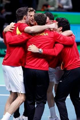 November 22, 2025, Bologna, BOLOGNA: Spain tennis players Pedro Martinez with Marcel Granollers celebrate the victory in double tennis match against Germany players Kevin Krawietz with Tim Puetz during Davis Cup 2025 Final 8 at Fiere Exhibition Centre in Bologna Italy, 22 November 2025. ANSA SERENA CAMPANINI. 2025 Davis Cup Final 8  - ZUMAa110 20251122_zaf_a110_063 Copyright: xSerenaxCampaninix