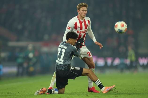 Nathaniel Brown Eintrach Frankfurt and Sebastian Sebulonsen 1 FC Koeln battle for the ball during the Bundesliga match between 1 FC Köln and Eintracht Frankfurt at RheinEnergieSTADION on November 22, 2025 in Cologne, Germany, Germany Photo by Oliver Kaelke DeFodi Images Nathaniel Brown Eintrach Frankfurt and Sebastian Sebulonsen 1 FC Koeln battle for the ball during the Bundesliga match between 1 FC Köln and Eintracht Frankfurt at RheinEnergieSTADION on November 22, 2025 in Köln, Germany Photo by Oliver Kaelke DeFodi Images DFL regulations prohibit any use of photographs as image sequences and or quasi video Photo by Oliver Kaelke DeFodi Images