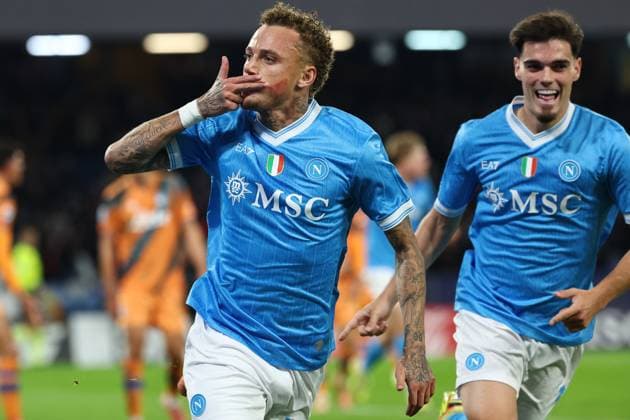 Noa Lang of SSC Napoli celebrates after scoring the goal of 3-0 during the Serie A 2025 2026 football match between SSC Napoli and Atalanta BC at Diego Armando Maradona stadium in Naples (Italy), November 22nd, 2025. CesarexPurini