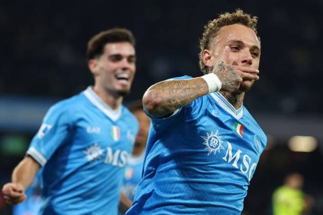 Noa Lang of SSC Napoli celebrates after scoring the goal of 3-0 during the Serie A 2025 2026 football match between SSC Napoli and Atalanta BC at Diego Armando Maradona stadium in Naples (Italy), November 22nd, 2025. CesarexPurini