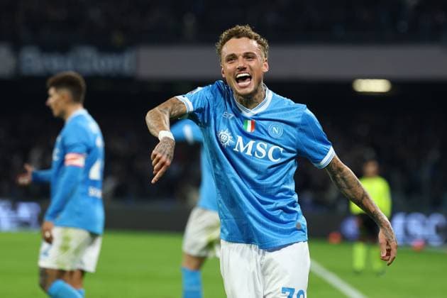 Noa Lang of SSC Napoli celebrates after scoring the goal of 3-0 during the Serie A 2025 2026 football match between SSC Napoli and Atalanta BC at Diego Armando Maradona stadium in Naples (Italy), November 22nd, 2025. CesarexPurini
