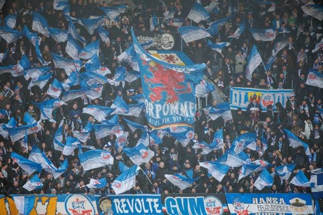 Hansa fans on the south stand waving their numerous flags GER, FC Hansa Rostock vs 1 FC Schweinfurth 05, Football, Men, 3 Liga, Matchday 15, Season 2025 2026, 22 11 2025 Rostock Ostseestadion Mecklenburg Vorpommern Germany