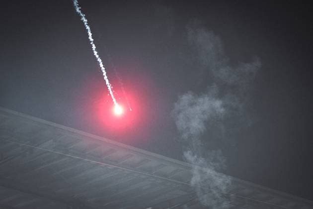 Germany, Football, Bundesliga, Matchday 11, 2025 2026, 1 FC Köln vs Eintracht Frankfurt, 22 11 2025, Rhein Energie Stadion, Cologne, Germany, a firework from the Frankfurt block flies onto the pitch Copyright: xMarkusxVerwimpx