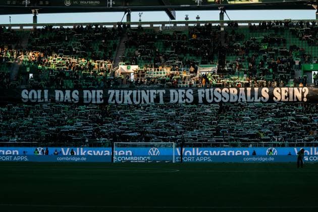 Germany, Football, 1 Bundesliga 2025 26, Matchday 11 VfL Wolfsburg v Bayer Leverkusen Volkswagen Arena Wolfsburg Fan Project Banner VfL Wolfsburg Home Curve Is this the future of soccer? Copyright: xJamesxZabelx