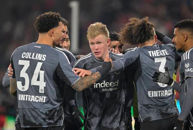 Cheering Frankfurt around goal scorer Jonathan Burkardt Eintracht Frankfurt f l Nnamdi Collins Eintracht Frankfurt , Jonathan Burkardt Eintracht Frankfurt , Arthur Theate Eintracht Frankfurt , Ansgar Knauff Eintracht Frankfurt Football 1 Bundesliga, 11 Matchday, 1 FC Koeln Eintracht Frankfurt 3 4, on 22 11 2025 in Koeln Germany DFL regulations prohibit any use of photographs as image sequences and or quasi video Â