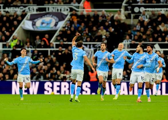 Newcastle United v Manchester City Premier League Ruben Dias of Manchester City (second from left) celebrates scoring his teams second goal with team mates during the Premier League match at St. James s Park, Newcastle UK Newspapers OUT Copyright: xFredxPalmerx FIL-22535-0044