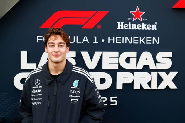 LAS VEGAS, NV - NOVEMBER 22: George Russell, driver of the 63 Mercedes poses for photos on the red carpet prior to the the Formula 1 Las Vegas Grand Prix on November 22, 2025 on the Las Vegas Strip Circuit in Las Vegas, Nevada.(Photo by Jeff Speer Icon Sportswire) AUTO: NOV 22 F1 Las Vegas Grand Prix EDITORIAL USE ONLY Icon2511220341