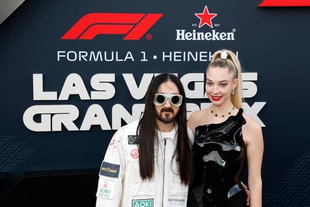 LAS VEGAS, NV - NOVEMBER 22: Musician and DJ Steve Aoki poses for photos on the red carpet with his wife prior to the the Formula 1 Las Vegas Grand Prix on November 22, 2025 on the Las Vegas Strip Circuit in Las Vegas, Nevada.(Photo by Jeff Speer Icon Sportswire) AUTO: NOV 22 F1 Las Vegas Grand Prix EDITORIAL USE ONLY Icon2511220371