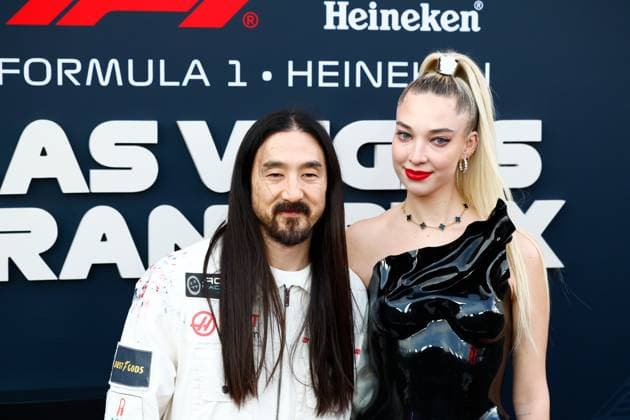 LAS VEGAS, NV - NOVEMBER 22: Musician and DJ Steve Aoki poses for photos on the red carpet with his wife Sasha prior to the the Formula 1 Las Vegas Grand Prix on November 22, 2025 on the Las Vegas Strip Circuit in Las Vegas, Nevada.(Photo by Jeff Speer Icon Sportswire) AUTO: NOV 22 F1 Las Vegas Grand Prix EDITORIAL USE ONLY Icon2511220381