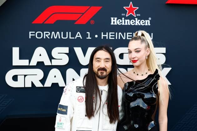 LAS VEGAS, NV - NOVEMBER 22: Musician and DJ Steve Aoki poses for photos on the red carpet with his wife Sasha prior to the the Formula 1 Las Vegas Grand Prix on November 22, 2025 on the Las Vegas Strip Circuit in Las Vegas, Nevada.(Photo by Jeff Speer Icon Sportswire) AUTO: NOV 22 F1 Las Vegas Grand Prix EDITORIAL USE ONLY Icon2511220391
