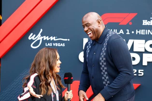 LAS VEGAS, NV - NOVEMBER 22: Magic Johnson is interviewed on the red carpet prior to the the Formula 1 Las Vegas Grand Prix on November 22, 2025 on the Las Vegas Strip Circuit in Las Vegas, Nevada.(Photo by Jeff Speer Icon Sportswire) AUTO: NOV 22 F1 Las Vegas Grand Prix EDITORIAL USE ONLY Icon2511220061