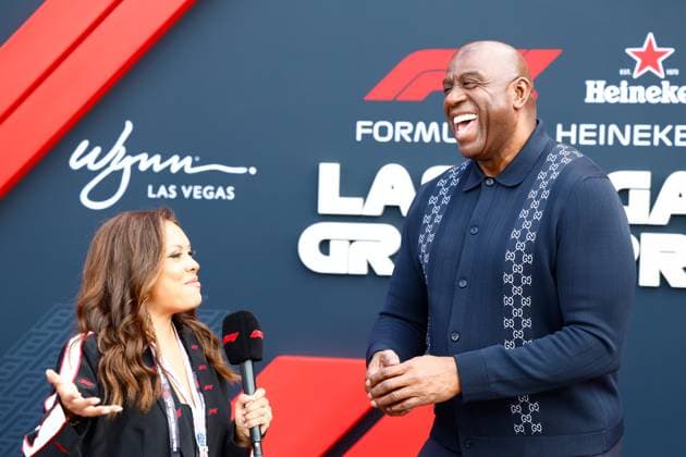 LAS VEGAS, NV - NOVEMBER 22: Magic Johnson is interviewed on the red carpet prior to the the Formula 1 Las Vegas Grand Prix on November 22, 2025 on the Las Vegas Strip Circuit in Las Vegas, Nevada.(Photo by Jeff Speer Icon Sportswire) AUTO: NOV 22 F1 Las Vegas Grand Prix EDITORIAL USE ONLY Icon2511220071