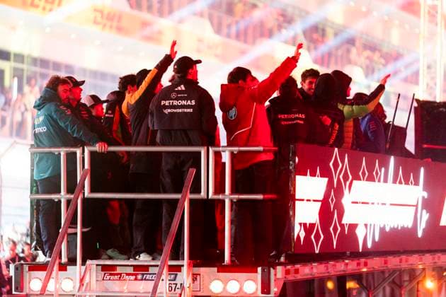 Drivers are seen during the drivers parade at the Formula One Las Vegas Grand Prix at the Las Vegas Strip Circuit in Las Vegas on Saturday, November 22, 2025.  LAS2025112229 GREGxNASH