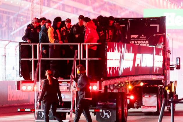 Drivers are seen during the drivers parade at the Formula One Las Vegas Grand Prix at the Las Vegas Strip Circuit in Las Vegas on Saturday, November 22, 2025.  LAS2025112230 GREGxNASH