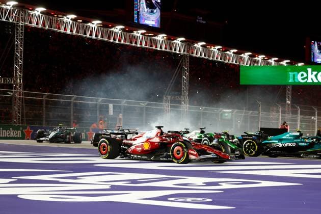 LAS VEGAS, NV - NOVEMBER 22: Charles Leclerc, driver of the 16 Ferrari goes off course to avoid a crash on lap one during the the Formula 1 Las Vegas Grand Prix on November 22, 2025 on the Las Vegas Strip Circuit in Las Vegas, Nevada.(Photo by Jeff Speer Icon Sportswire) AUTO: NOV 22 F1 Las Vegas Grand Prix EDITORIAL USE ONLY Icon2511220581