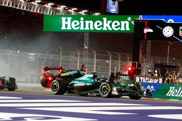 LAS VEGAS, NV - NOVEMBER 22: Lance Stroll, driver of the 18 Aston Martin Racing and Gabriel Bortoleto, driver of the 5 Sauber crash on lap one during the the Formula 1 Las Vegas Grand Prix on November 22, 2025 on the Las Vegas Strip Circuit in Las Vegas, Nevada.(Photo by Jeff Speer Icon Sportswire) AUTO: NOV 22 F1 Las Vegas Grand Prix EDITORIAL USE ONLY Icon2511220611