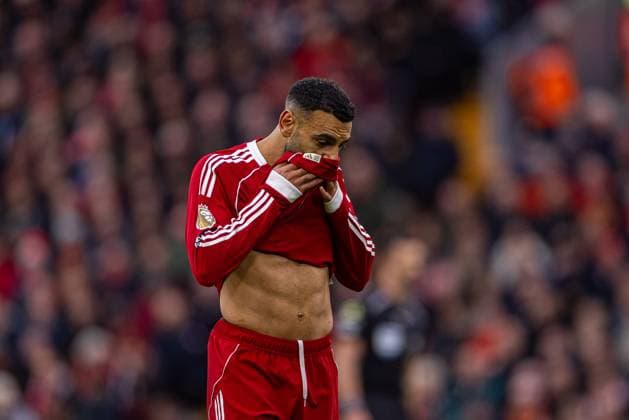 (251123) -- LONDON, Nov. 23, 2025 -- Liverpool s Mohamed Salah reacts during the English Premier League match between Liverpool FC and Nottingham Forest FC in Liverpool, Britain, on Nov. 22, 2025. FOR EDITORIAL USE ONLY. NOT FOR SALE FOR MARKETING OR ADVERTISING CAMPAIGNS. NO USE WITH UNAUTHORIZED AUDIO, VIDEO, DATA, FIXTURE LISTS, CLUB LEAGUE LOGOS OR LIVE SERVICES. ONLINE IN-MATCH USE LIMITED TO 45 IMAGES, NO VIDEO EMULATION. NO USE IN BETTING, GAMES OR SINGLE CLUB LEAGUE PLAYER PUBLICATIONS. (SP)BRITAIN-LONDON-FOOTBALL-ENGLISH PREMIER LEAGUE-LIVERPOOL VS NOTTINGHAM FOREST LixYing