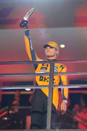 2nd place Lando Norris McLaren Formula 1 Team on the podium holds the trophy in his hands, Grand Prix of Las Vegas, Motorsport, Men, Formula 1, Race, 22 11 2025 Las Vegas Nevada USA Copyright: xkolbert-press ChristianxKolbertx