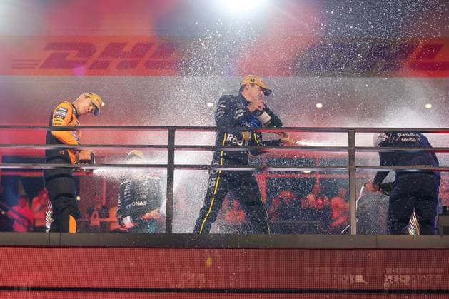 Champagne shower between Winner, Winner, Max Verstappen Oracle Red Bull Racing 1 , 2nd place Lando Norris McLaren Formula 1 Team , 3rd place George Russell Mercedes AMG Petronas 63 , Las Vegas Grand Prix, Motorsport, Men, Formula 1, Race, 22 11 2025 Las Vegas Nevada USA Copyright: xkolbert-press ChristianxKolbertx