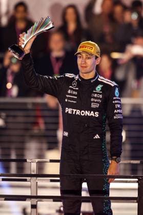 November 22, 2025: Mercedes-AMG Petronas F1 Team, Mercedes driver George Russell (63) holds the third place trophy at the conclusion of the Formula One Heineken Las Vegas Grand Prix 2025 on the Las Vegas Street Circuit in Las Vegas, NV. CSM. Las Vegas United States of America - ZUMAc04_ 20251122_zma_c04_521 Copyright: xChristopherxTrimx