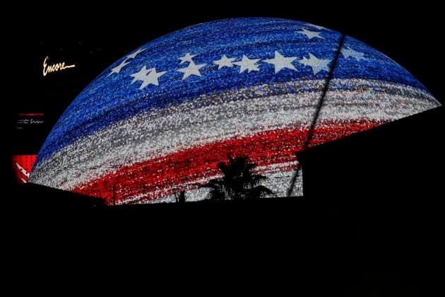 Formula1; Round22; Las Vegas Grand Prix; USA United States Of America flag on the famous Sphere during Formula1 Heineken Las Vegas Grand Prix on november 22., 2025 in Las Vegas Strip Circuit, United States Of America Zsombor Toth Las Vegas Las Vegas Strip Circuit Nevada United States Of America
